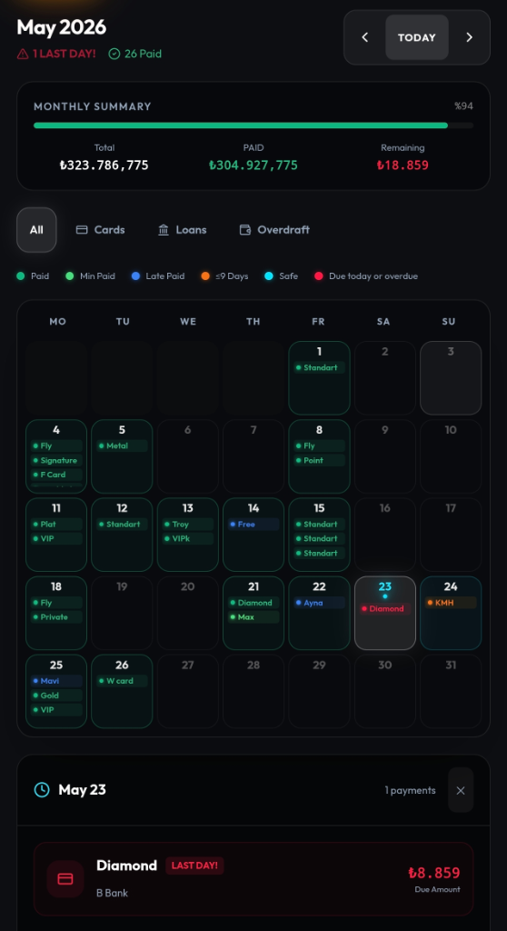 Okay app — payment calendar showing upcoming due dates